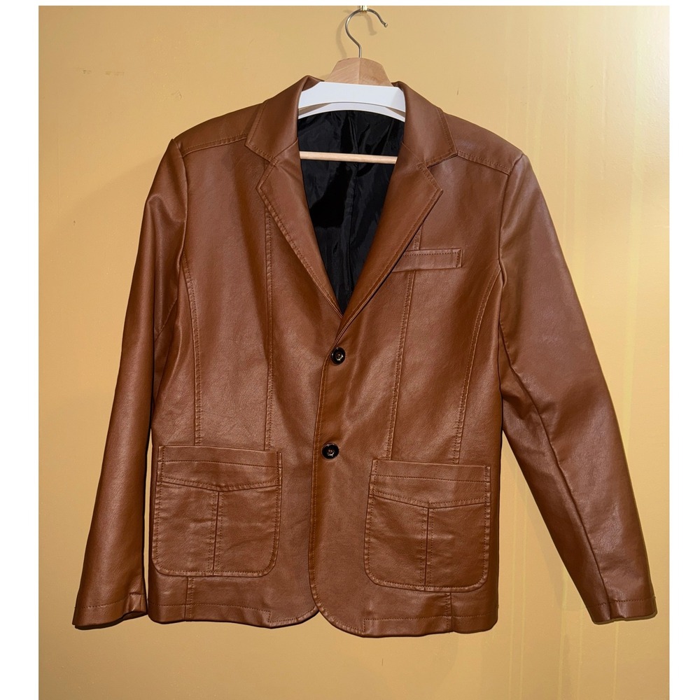 VTG 70s Faux Leather Blazer Jacket Cognac Caramel Brown 2 Button Casual Smart‎